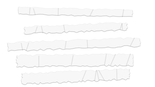 Five horizontal strips of white masking tape with jagged torn edges positioned in parallel rows on a solid black background, for contrast