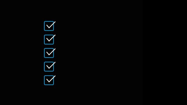 Animated checklist with checkmarks appearing in blue square boxes on a black background motion graphic