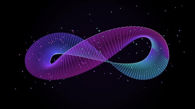 Abstract infinity loop ribbon with glowing particles and gradient colors on a dark background
