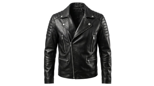 Black leather motorcycle jacket isolated on transparent background