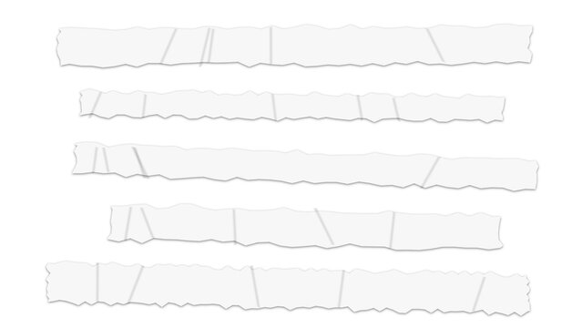 Five horizontal strips of white torn paper with rough edges arranged in parallel rows against a solid black background, for texture