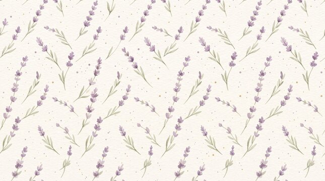 Seamless pattern with watercolor lavender flowers on a textured beige background, delicate floral botanical illustration for fabric and wallpaper design