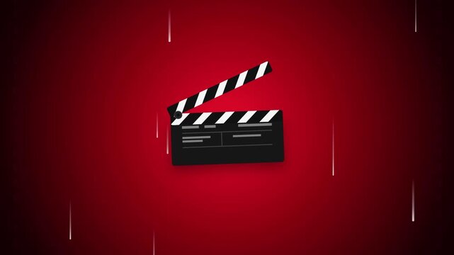 Cinematic clapperboard on abstract red background with glowing light streaks and circular motion
