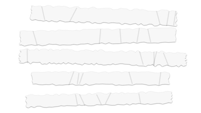 Five horizontal white paper strips with irregular, torn edges positioned in a stacked arrangement against a plain, solid black background surface