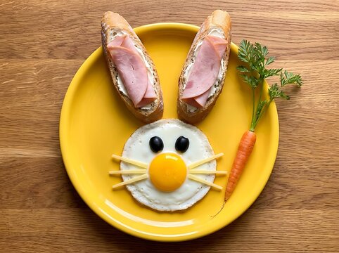 Easter bunny breakfast with fried egg and ham sandwiches