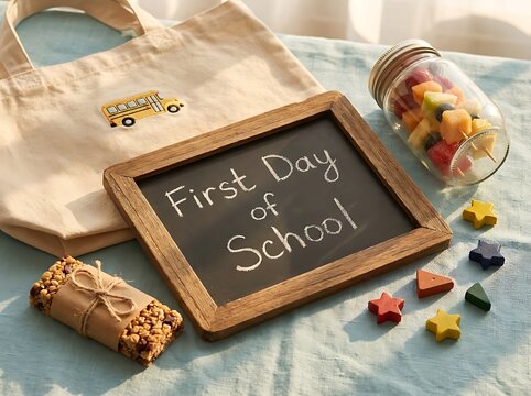 First Day of School Chalkboard with Tote Bag and Snacks