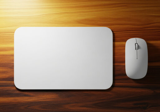 Blank white mouse pad and computer mouse on a rustic wooden desk surface