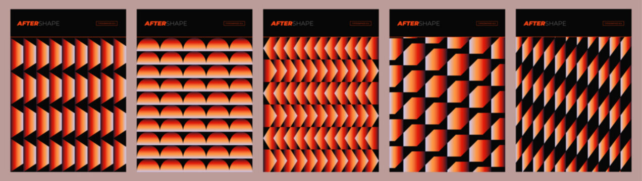 Bold gradient poster templates set. Vector black, orange and cream covers with chevron arrows, scalloped rows, checkered diamonds and diagonal stripes for modern music event flyer design.