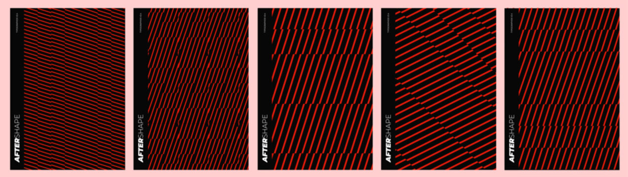 Bold striped poster templates set. Vector black and red covers with diagonal and vertical line patterns for modern music event flyer design.