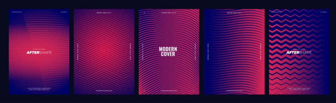 Abstract gradient poster templates set. Vector navy and pink covers with wavy line patterns, zigzag chevrons and flowing curves for modern editorial event flyer design.