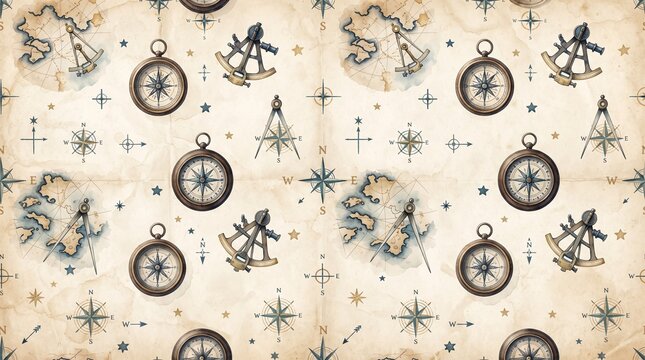 Seamless pattern with vintage nautical navigation tools, compasses, sextants, and old maps on aged parchment paper background