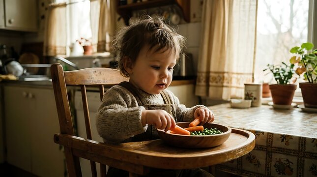 Toddler Eating Healthy Vegetables from Wooden Bowl in Highchair