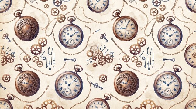 Vintage seamless pattern with antique pocket watches, clockwork gears, and old keys on a textured aged paper background