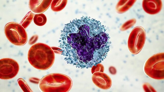Monocyte, 3D animation of a large white blood cell with a folded nucleus circulating among red blood cells in blood.