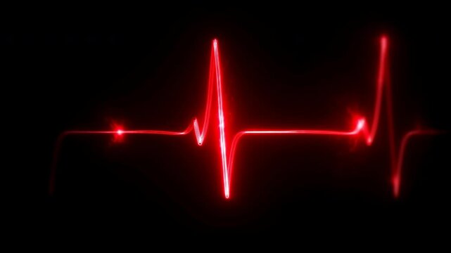 Glowing red heartbeat waveform pulses across a deep black background, with sharp peaks, bright flares, and repeating luminous lines moving horizontally through the dark frame