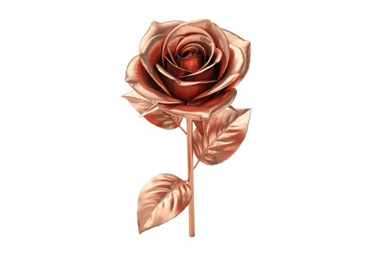 Single metallic copper rose flower with detailed petals and leaves on a stem isolated on a transparent background
