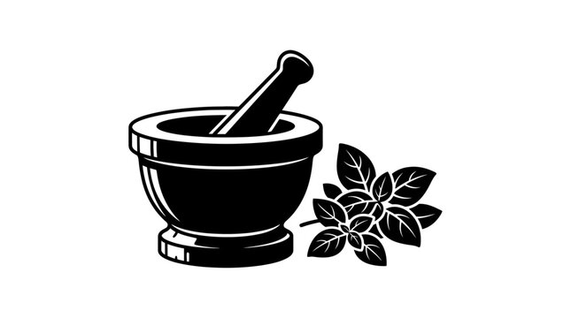 Black and white illustration of a mortar and pestle with fresh basil leaves.