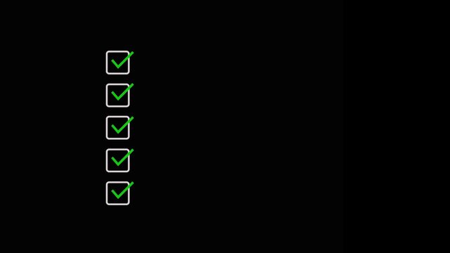 Checklist animation with green check marks appearing in sequence on a clean black background