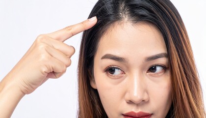 Fototapeta premium Close-up of woman examining dry scalp with fingers against white background, dermatology and hair care concept