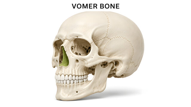 vomer bone, A realistic anatomical model of a human skull is displayed against a plain white background. 
