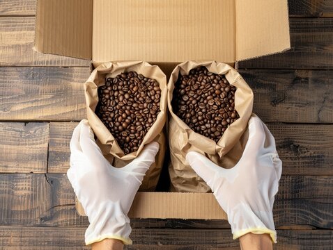 E-commerce fulfillment worker packing craft coffee bean bags into shipping box
