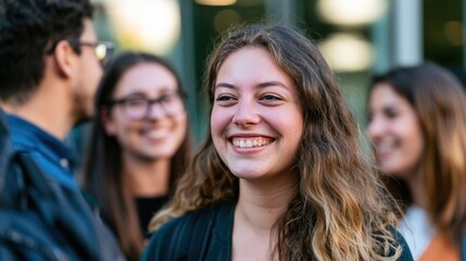 Obraz premium Student Welcoming New Peer to Diverse Friendship Group Outside Modern Learning Center