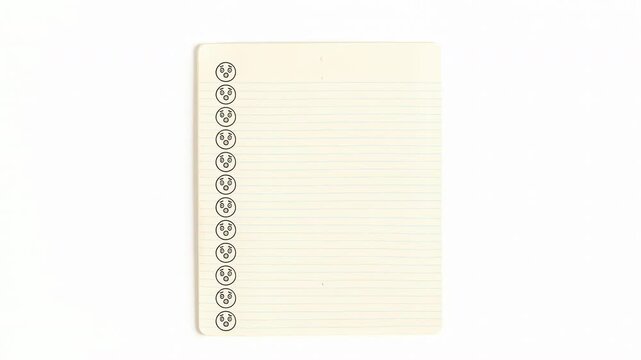 Rows of outlined face icons on cream lined notepad change from broad smiles to wide-eyed surprised expressions, forming vertical emotion sequence against clean white background