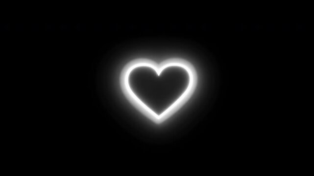 Glowing white heart outline shines at center of a deep black background, holding a clean symmetrical shape while soft luminous halo spreads evenly around the bright curved symbol