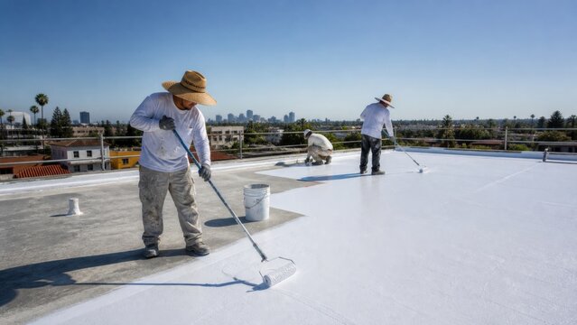 Small roofing crew rolls a bright reflective coating across a flat residential roof while checking edge coverage