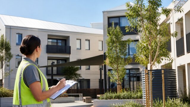Property assessor documents exterior shading, roof reflectivity and young trees during a heat-resilience inspection