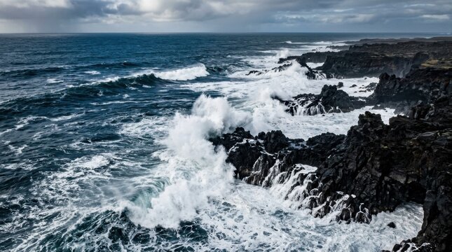 Captivating ocean waves crash against rugged cliffs under a moody sky, showcasing the raw beauty of nature and the power of the sea.