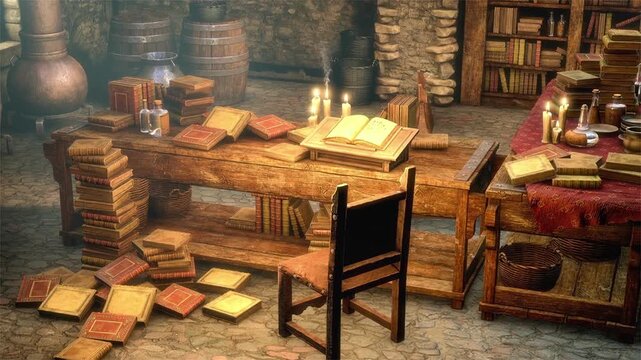 Medieval study, 3D animation of an old room with books, manuscripts, candles, wooden furniture and scholarly objects inspired by the Middle Ages.
