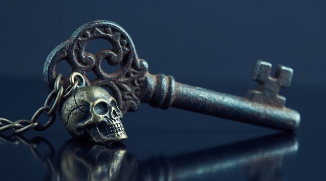 An antique skeleton key with an ornate handle and a small skull charm attached, resting on a reflective dark surface against a blurred blue background.