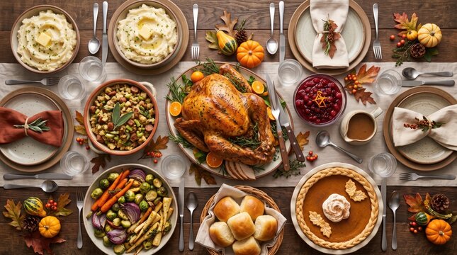 Roasted turkey dinner on a festive table with mashed potatoes vegetables and pumpkin pie for a happy Thanksgiving holiday
