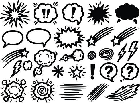 Dynamic comic book vector illustration set featuring various speech bubbles, explosive shapes, starbursts, lightning bolts, and energetic motion blur lines