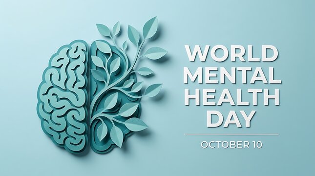 World mental health day illustration with a brain and green leaves