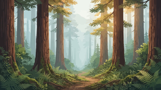 Scenic Enchanted Forest Illustration with Tall Redwood Trees, Misty Atmosphere, and Winding Dirt Path