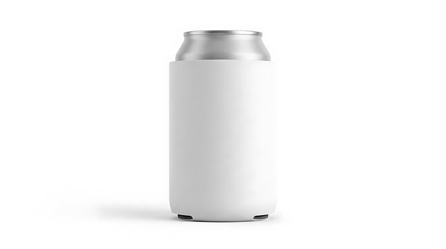 Blank white koozie mockup isolated on a plain background for beverage cooler design featuring a professional studio setup for branding and marketing displays