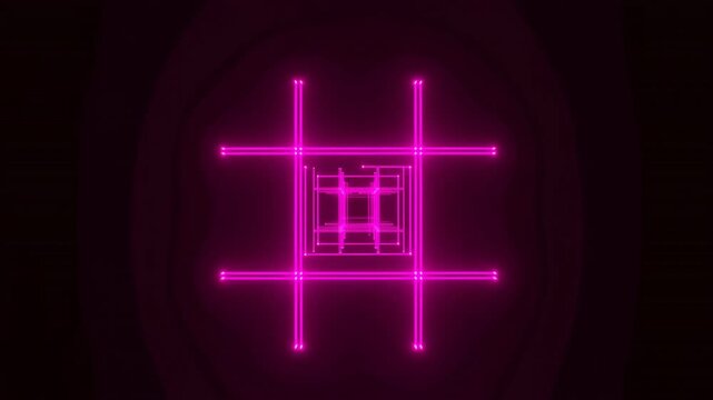 Glowing magenta line grid shifts through nested square frames, expanding and contracting around a centered geometric tunnel against a dark background with vivid neon illumination