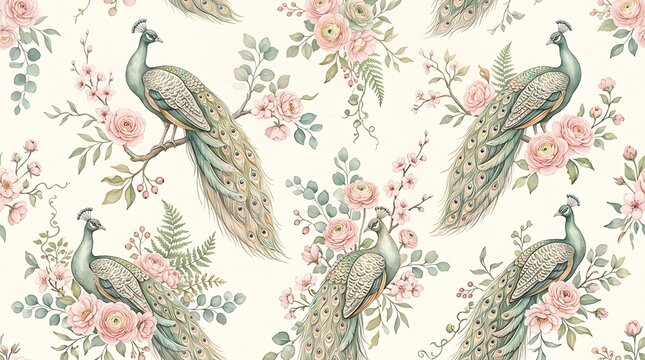 Seamless pattern with elegant gray peacocks and soft pink flowers in a vintage botanical illustration style