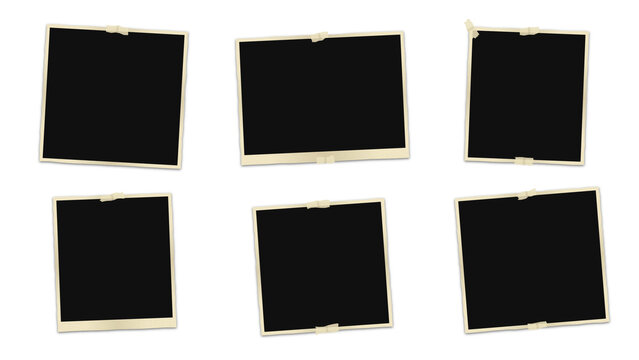 Six blank vintage polaroid frames with white borders and adhesive tape, arranged on a solid black background, for collage and display