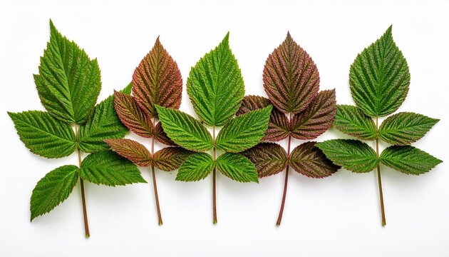 Fresh raspberry leaves arranged naturally on white background