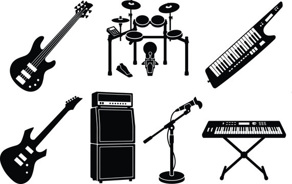 Black silhouette vector icon set of live band musical instruments including electric guitar, drum kit, keyboard, and microphone