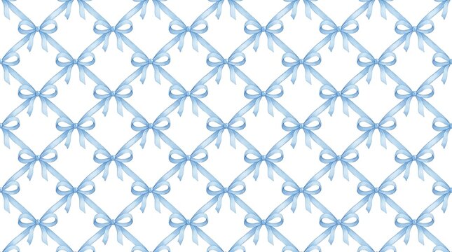 Seamless pattern with cute light blue bows and ribbons arranged in a decorative grid for gift wrapping and celebration