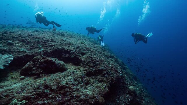 Group of SCUBA Divers drifting in strong current towards deep reef in Peleliu, Palau