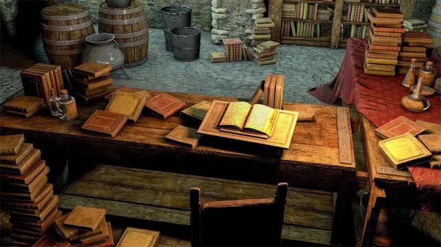 Medieval study, 3D animation of an old room with books, manuscripts, candles, wooden furniture and scholarly objects inspired by the Middle Ages.