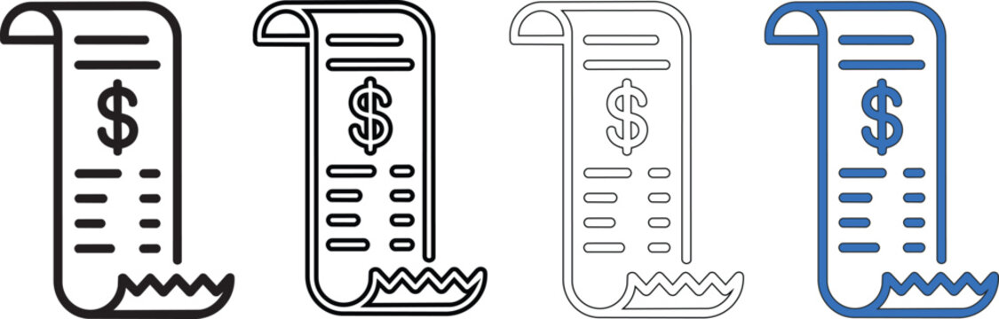 Set of four different flat line style paper receipt icons with dollar sign symbols