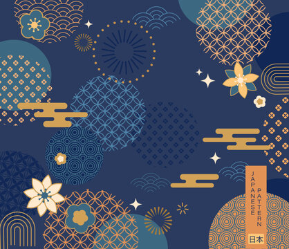 Japanese luxury golden geometric banner for holidays. Chinese traditional pattern on blue background. Oriental design for invitation or greeting cards,posters, advertise, web, sales, flyers, discounts