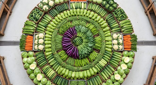 Overhead Circular Mandala Flat Lay Arrangement of Fresh Green Vegetables