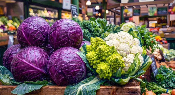 Close Up Commercial View of Purple Cabbage and Green Romanesco Broccoli